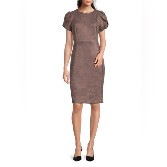 CALVIN KLEIN tan Faux suede luxe Round neckline tulip sleeve Sheath dress size 6 - Picture 1 of 3